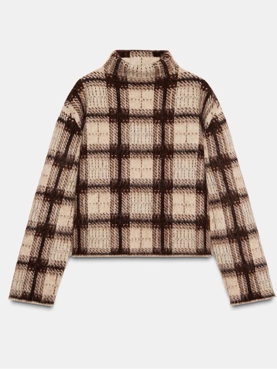 Zara Sweaters - ZARA Plaid Mock Neck Sweater Fuzzy Brown Checked Cozy Boxy Pullover. XL. NEW.